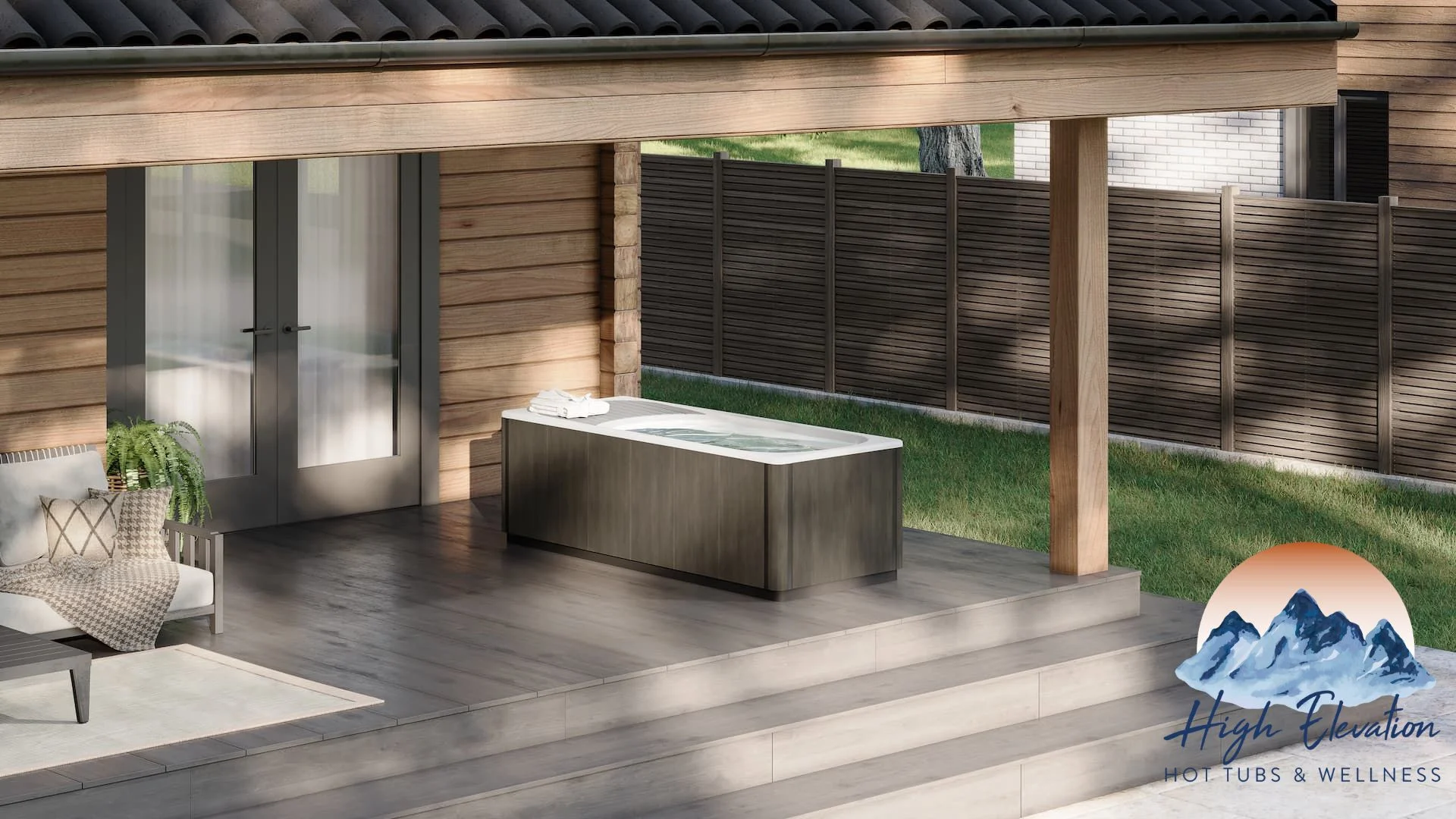 A Kodiak Cold Plunge sitting on a deck in a backyard.
