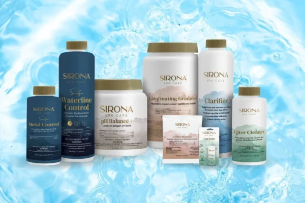 Sirona spa water care products on blue water background, available at High Elevation Hot Tubs